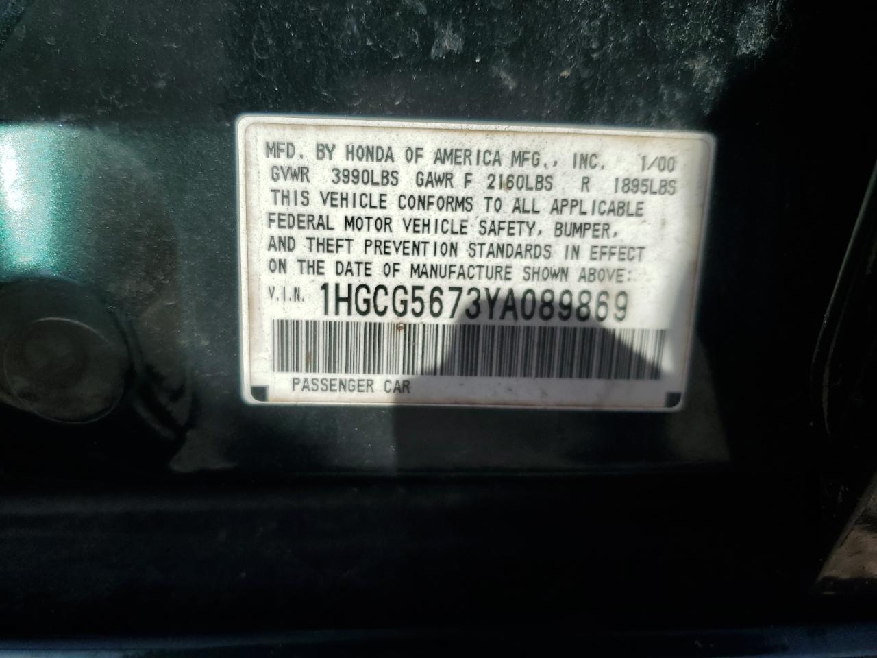 2000 Honda Accord VIN 1HGCG5673YA089869 Copart auction photo, front end / side damage thumbnail 12