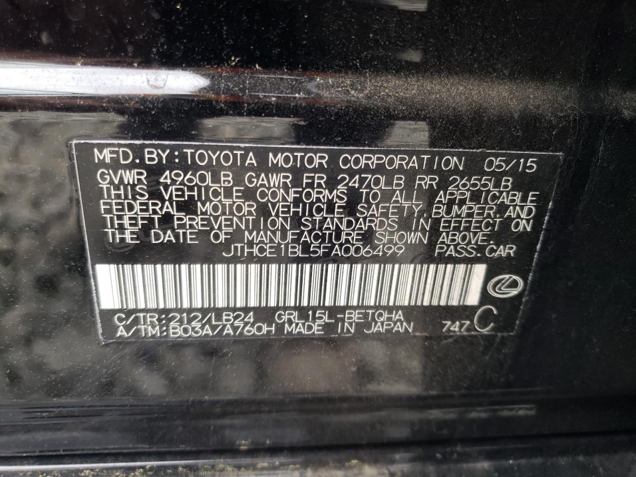 2015 Lexus GS VIN JTHCE1BL5FA006499 Copart auction photo, front end / side damage thumbnail 13