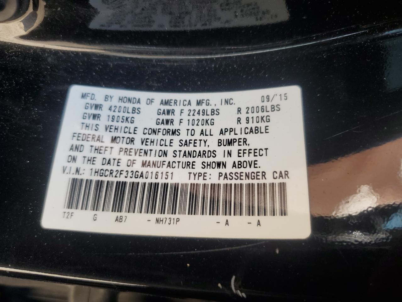 2016 Honda Accord VIN 1HGCR2F33GA016151 Copart auction photo, front end damage thumbnail 14