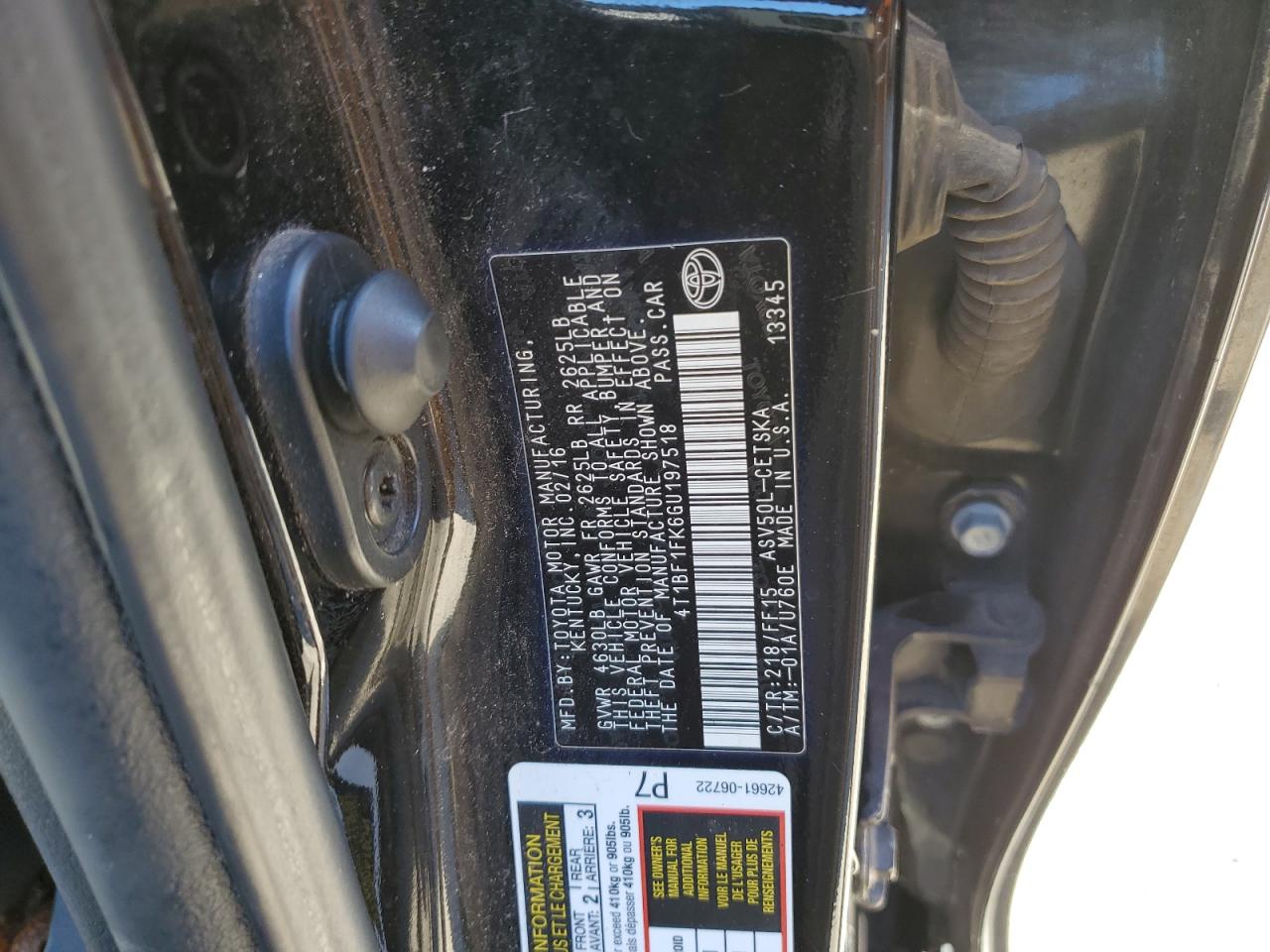 2016 Toyota Camry VIN 4T1BF1FK6GU197518 Copart auction photo, water/flood / minor dent/scratches damage thumbnail 13