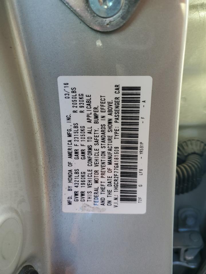 2016 Honda Accord VIN 1HGCR2F77GA181509 Copart auction photo, front end damage thumbnail 13