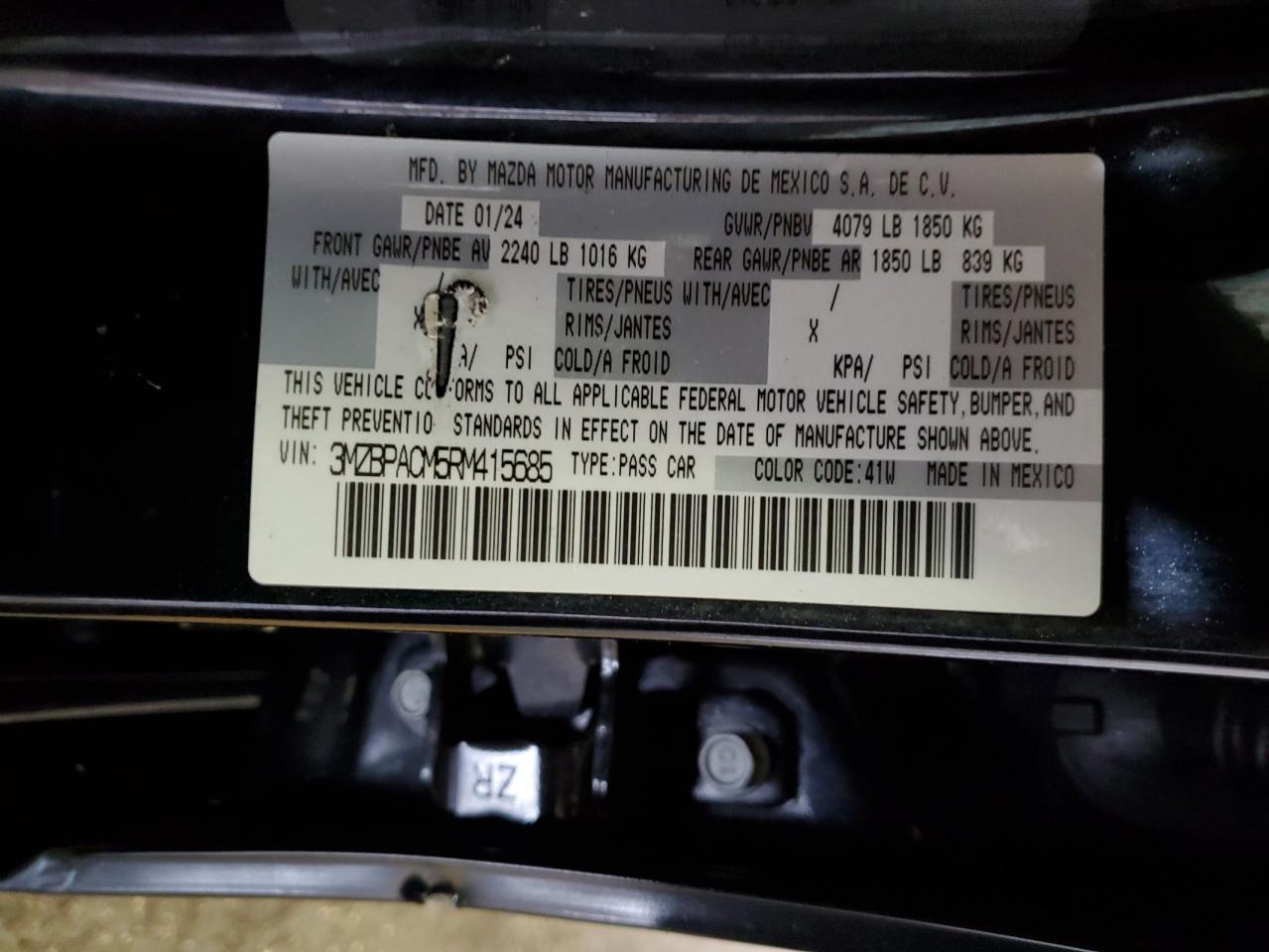 2024 Mazda 3 VIN 3MZBPACM5RM415685 Copart auction photo, side / rear end damage thumbnail 12