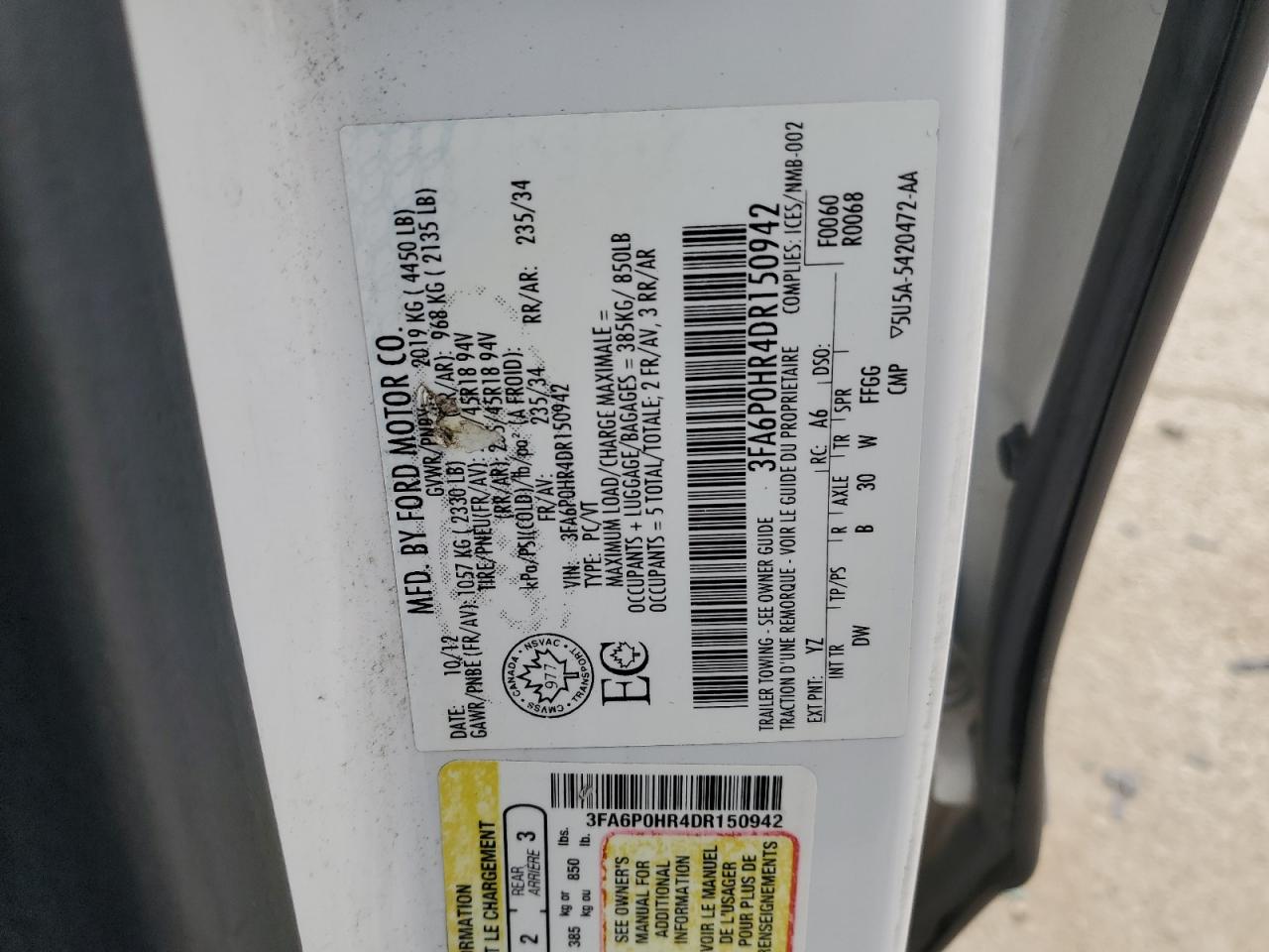 2013 Ford Fusion VIN 3FA6P0HR4DR150942 Copart auction photo, front end / side damage thumbnail 12