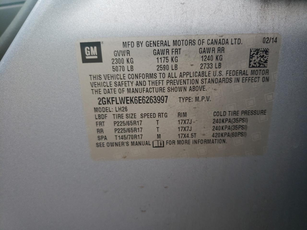 2014 GMC Terrain VIN 2GKFLWEK6E6263997 Copart auction photo, mechanical damage thumbnail 12