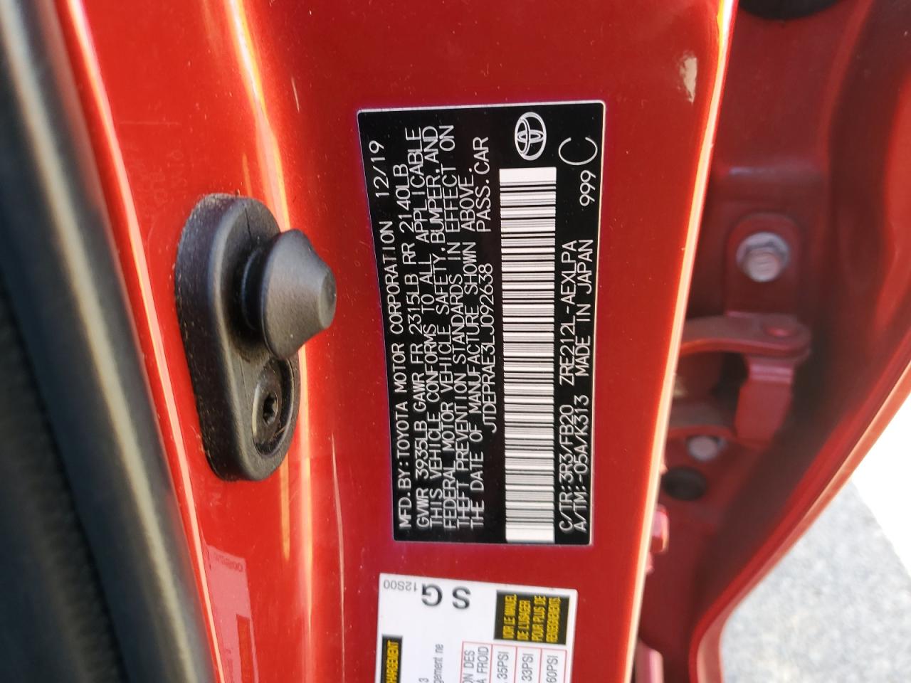 2020 Toyota Corolla VIN JTDEPRAE3LJ092638 Copart auction photo, front end damage thumbnail 12