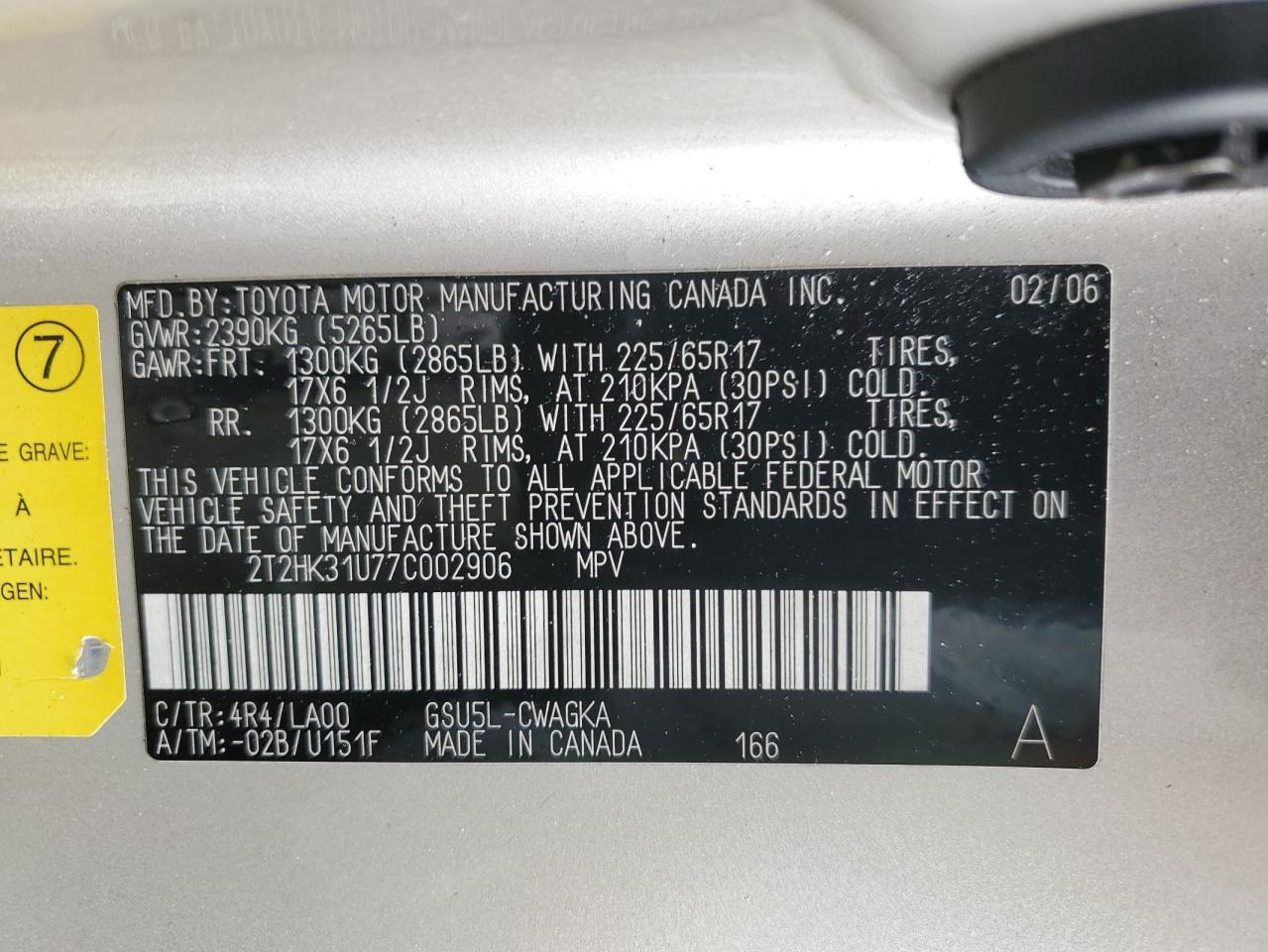 2007 Lexus RX VIN 2T2HK31U77C002906 Copart auction photo, front end / minor dent/scratches damage thumbnail 13