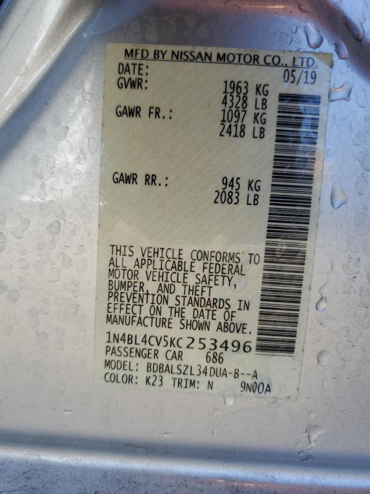 2019 Nissan Altima VIN 1N4BL4CV5KC253496 Copart auction photo, rear end / side damage thumbnail 12
