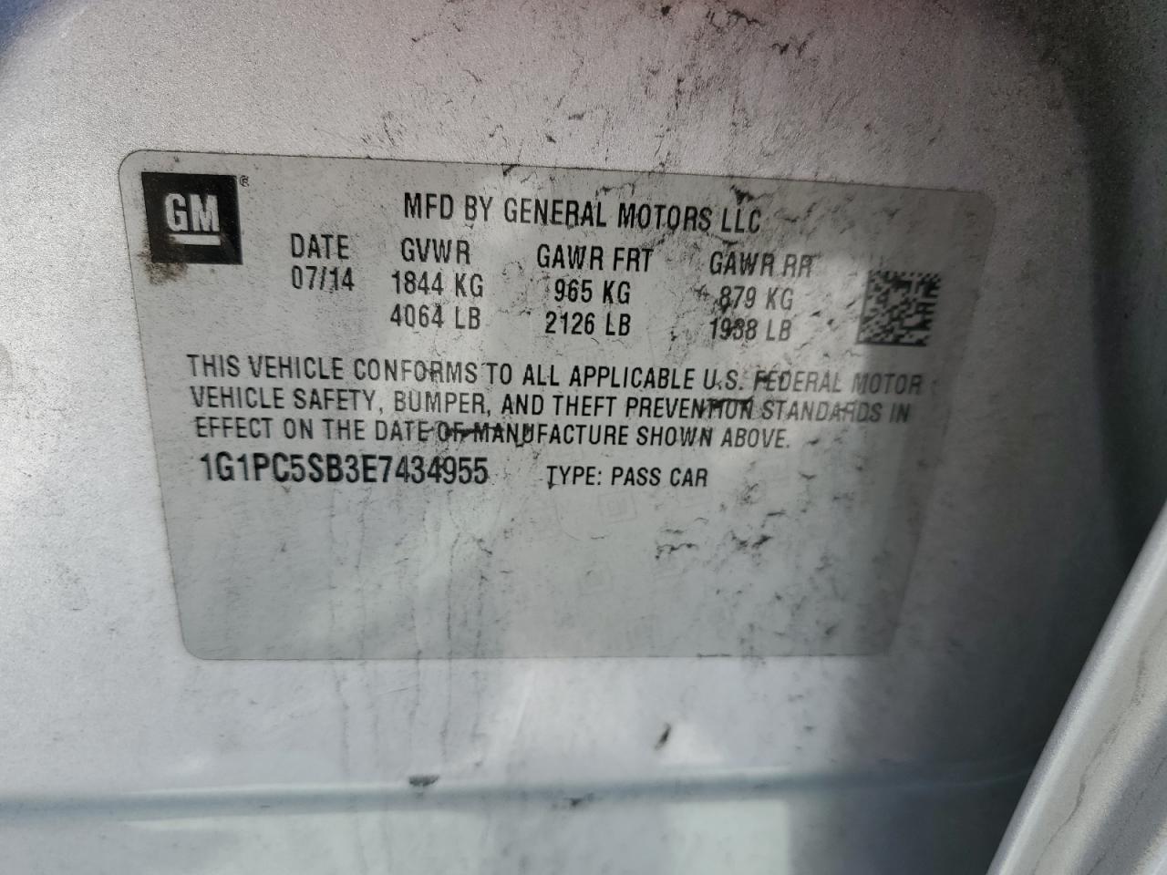 2014 Chevrolet Cruze VIN 1G1PC5SB3E7434955 Copart auction photo, front end damage thumbnail 12