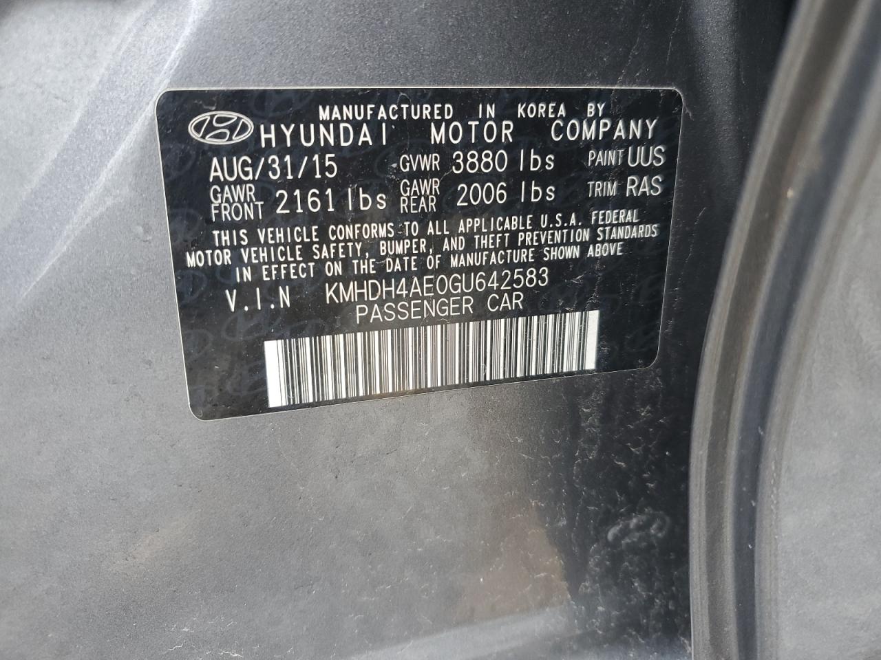 2016 Hyundai Elantra VIN KMHDH4AE0GU642583 Copart auction photo, undercarriage / front end damage thumbnail 13