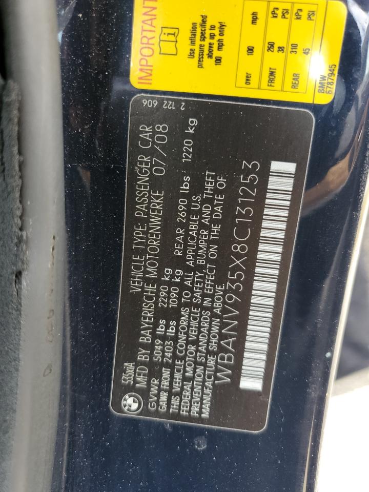 2008 BMW 5er VIN WBANV935X8C131253 Copart auction photo, water/flood damage thumbnail 13