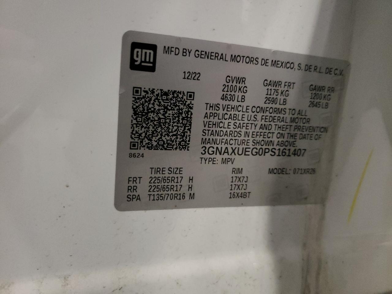 2023 Chevrolet Equinox VIN 3GNAXUEG0PS161407 Copart auction photo, front end damage thumbnail 15