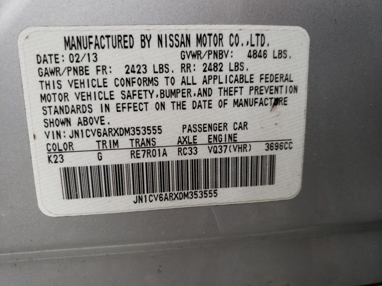 2013 Infiniti G VIN JN1CV6ARXDM353555 Copart auction photo, all over damage thumbnail 15