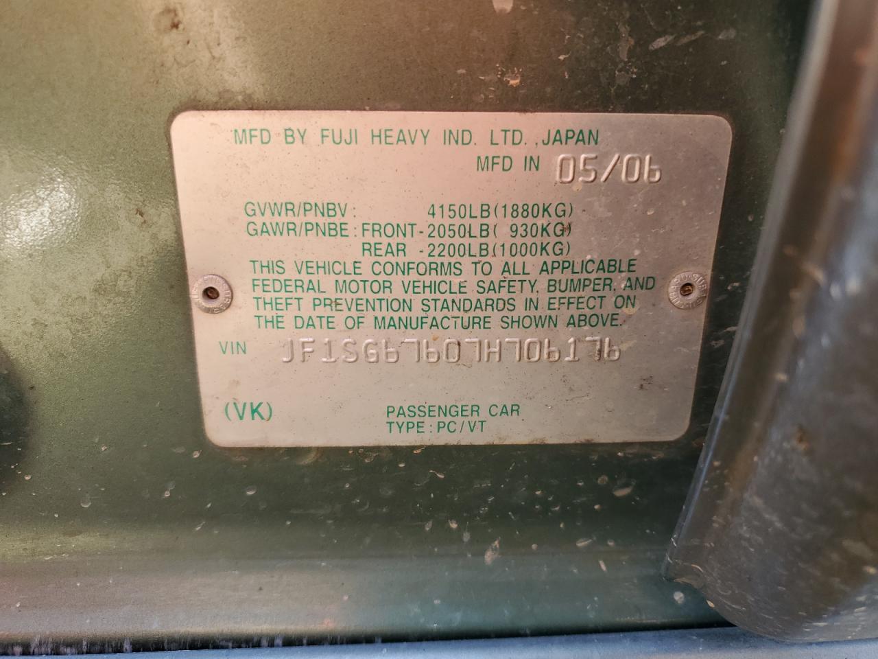 2007 Subaru Forester VIN JF1SG67607H706176 Copart auction photo, front end damage thumbnail 12