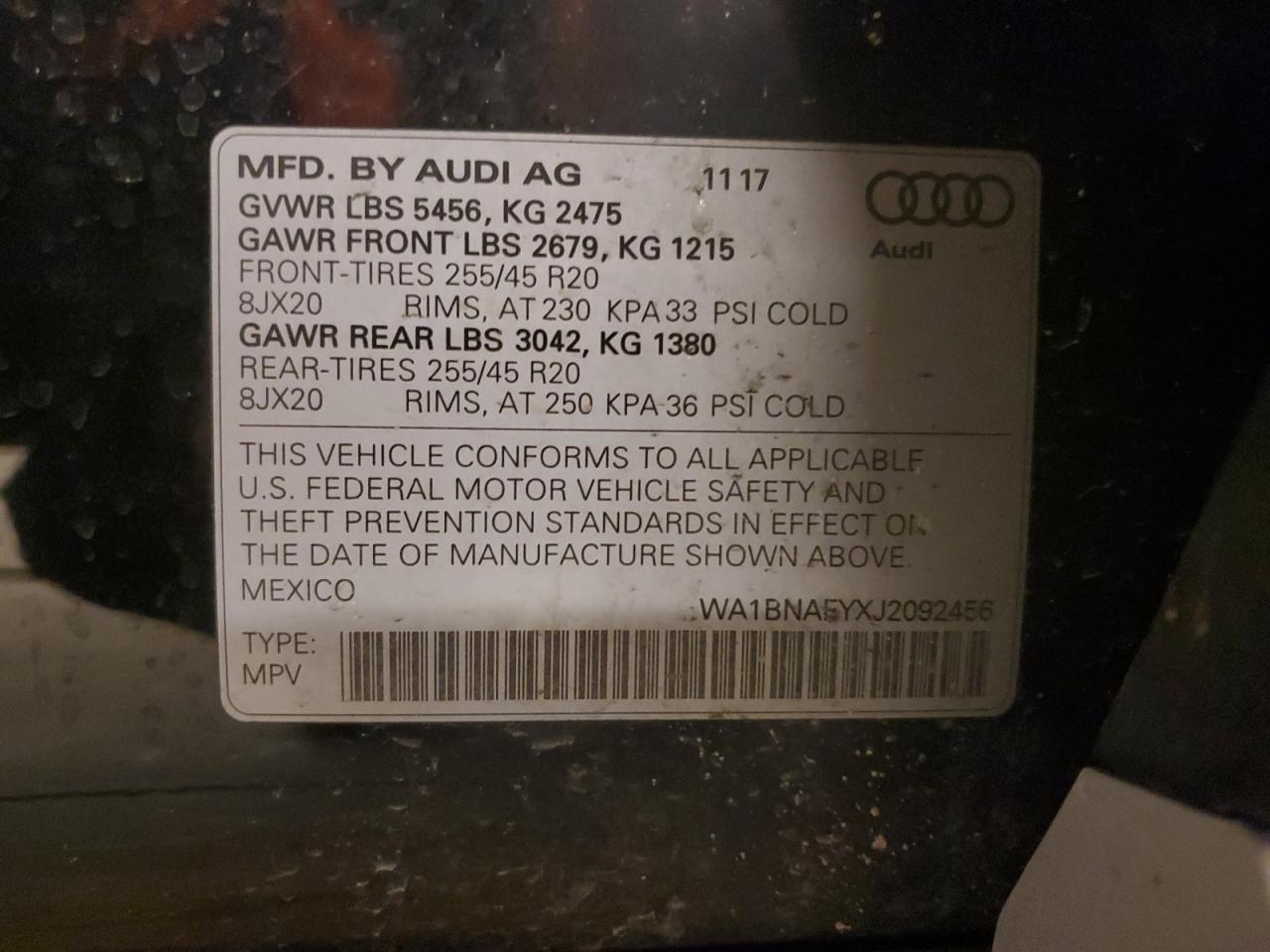 2018 Audi Q5 VIN WA1BNAFYXJ2092456 Copart auction photo, front end / mechanical damage thumbnail 13