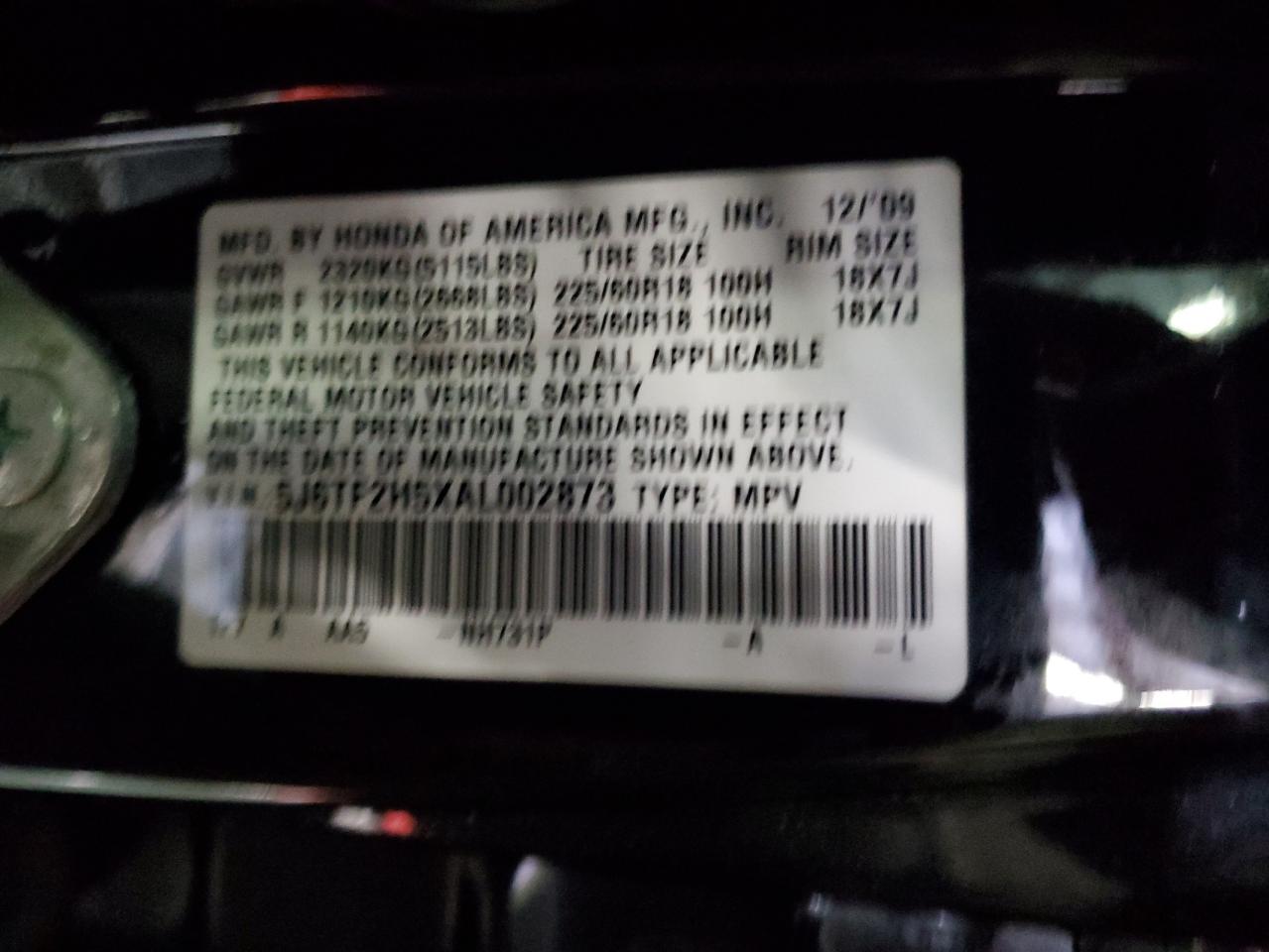 2010 Honda Accord VIN 5J6TF2H5XAL002873 Copart auction photo, vandalism / minor dent/scratches damage thumbnail 12