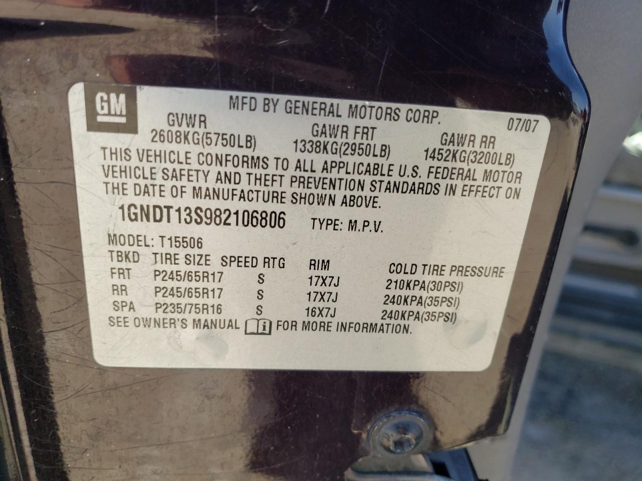 2008 Chevrolet TrailBlazer VIN 1GNDT13S982106806 Copart auction photo, side damage thumbnail 12