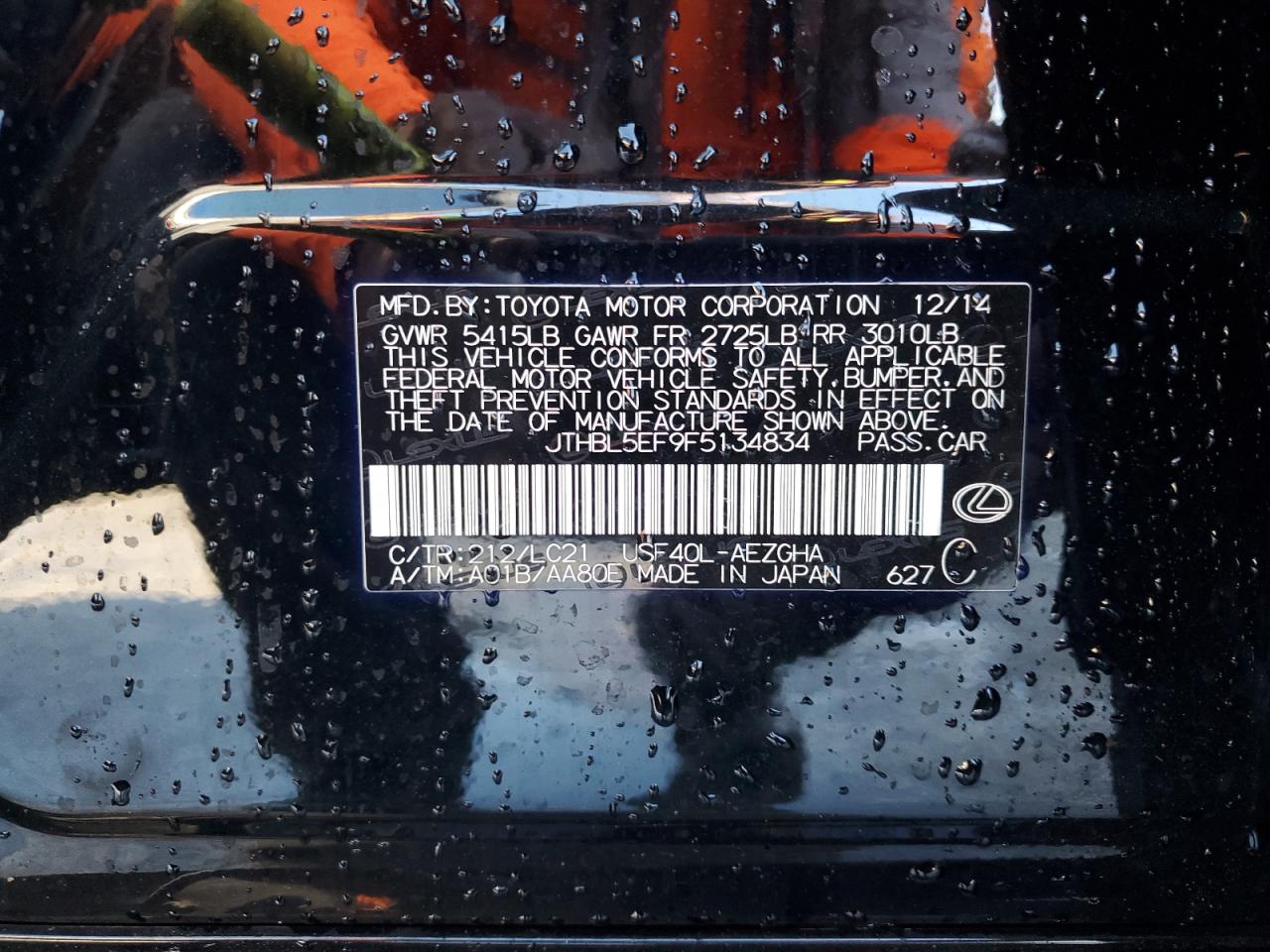 2015 Lexus LS VIN JTHBL5EF9F5134834 Copart auction photo, water/flood / minor dent/scratches damage thumbnail 13