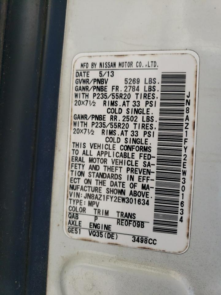2014 Nissan Murano VIN JN8AZ1FY2EW301634 Copart auction photo, mechanical damage thumbnail 12