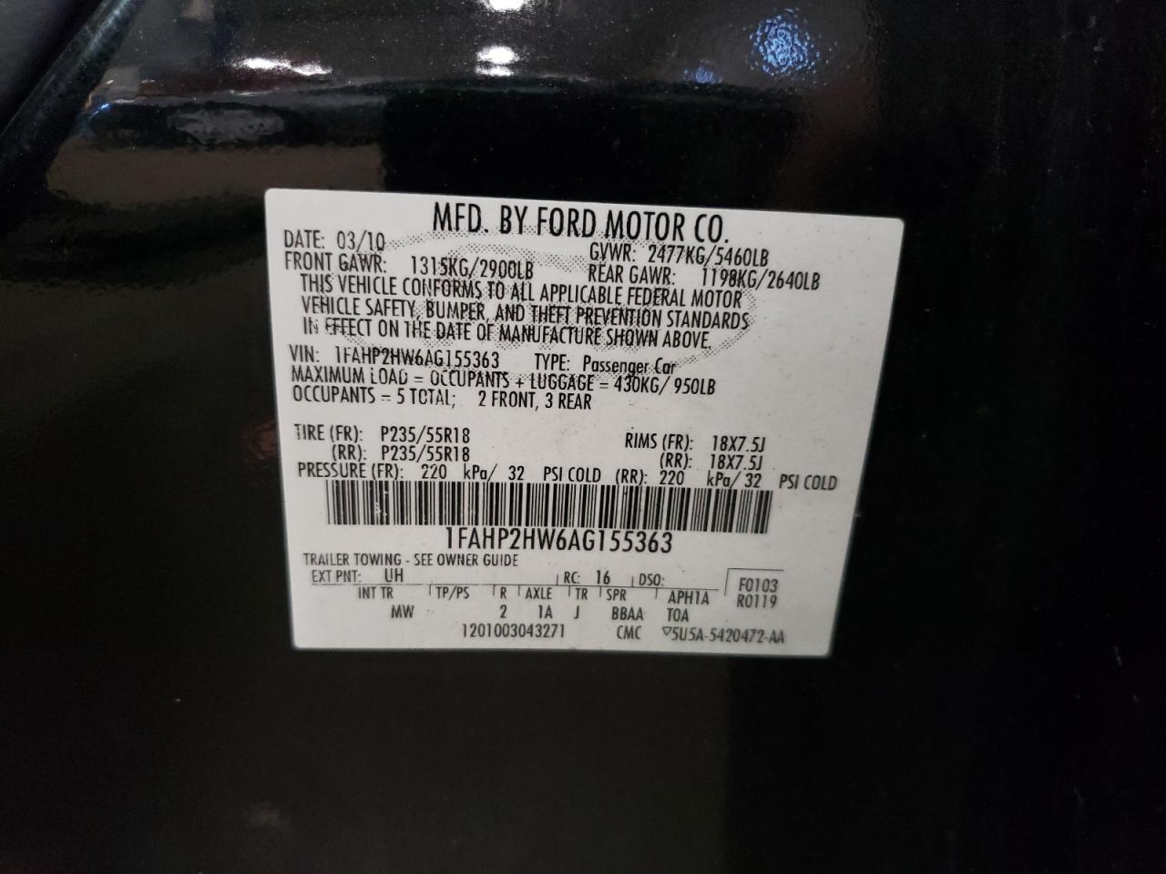 2010 Ford Taurus VIN 1FAHP2HW6AG155363 Copart auction photo, hail / all over damage thumbnail 12
