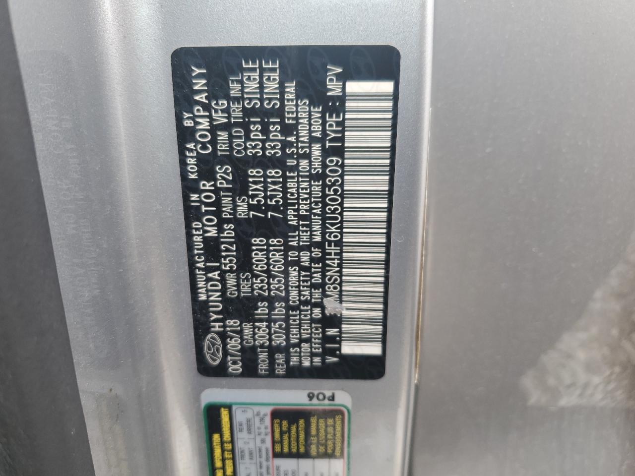 2019 Hyundai Santa Fe VIN KM8SN4HF6KU305309 Copart auction photo, front end damage thumbnail 15
