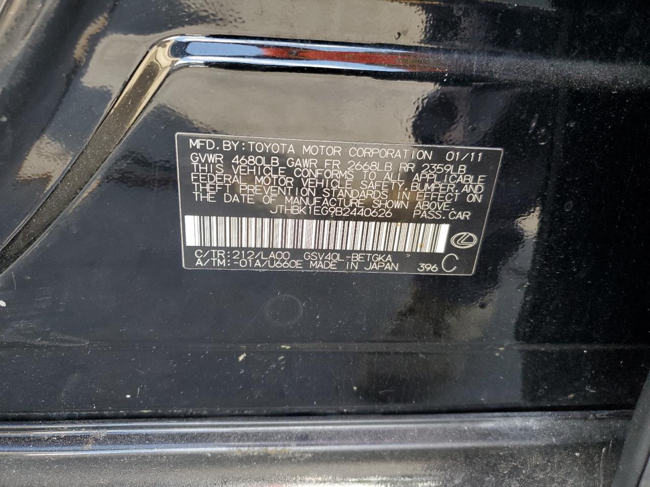 2011 Lexus ES VIN JTHBK1EG9B2440626 Copart auction photo, rear end / front end damage thumbnail 12