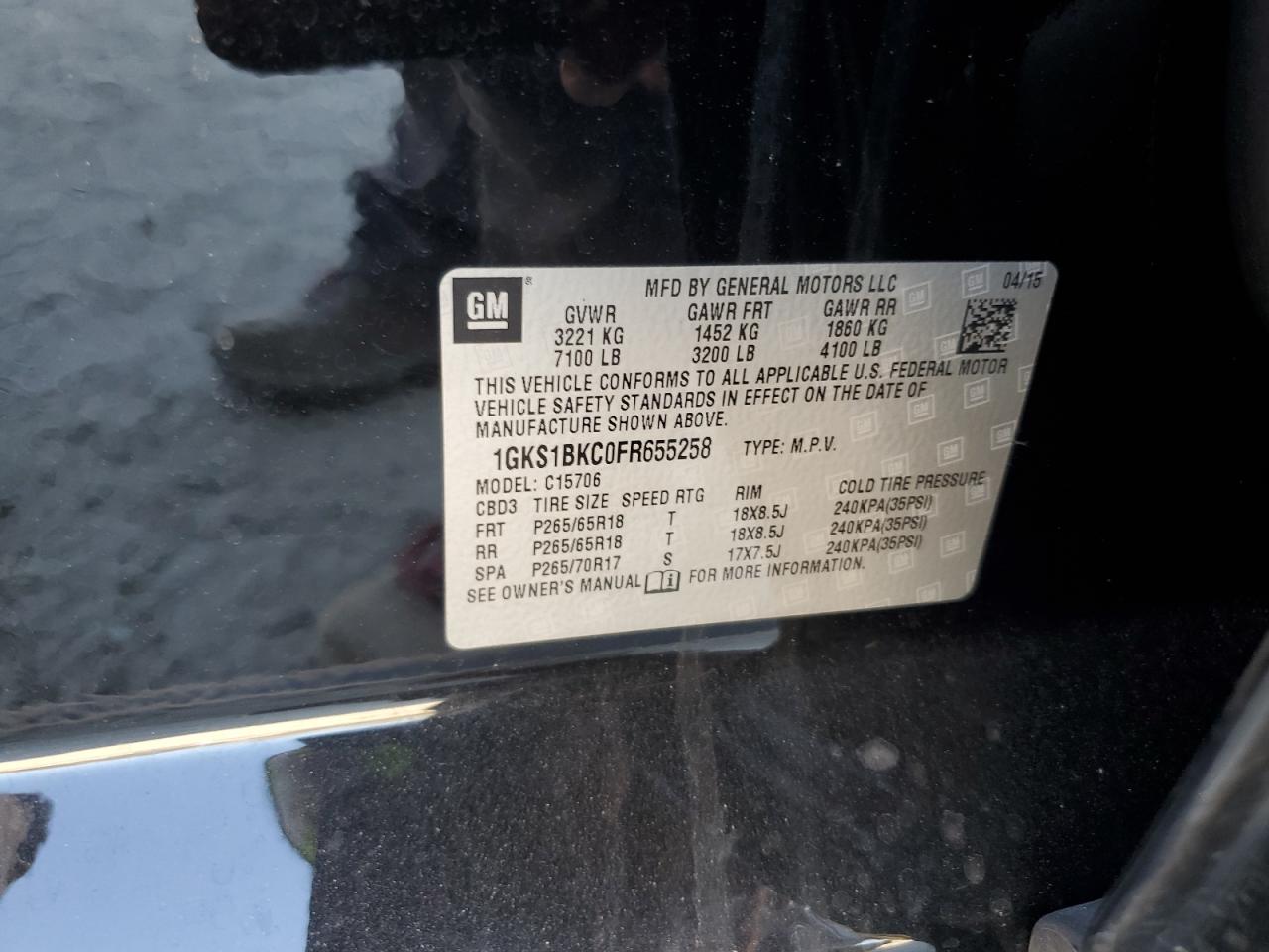 2015 GMC Yukon VIN 1GKS1BKC0FR655258 Copart auction photo, top/roof damage thumbnail 13
