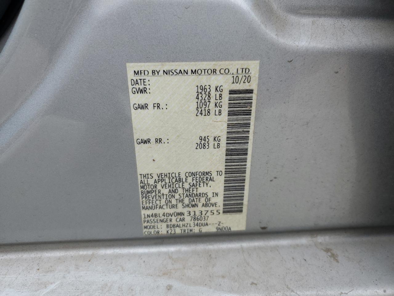 2021 Nissan Altima VIN 1N4BL4DV0MN313755 Copart auction photo, water/flood / rear end damage thumbnail 12