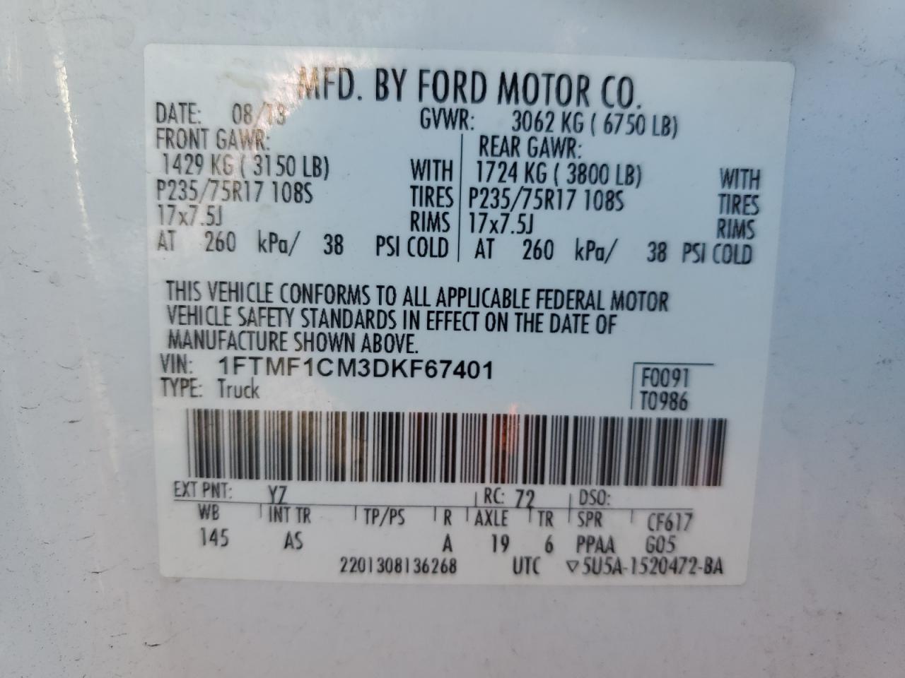 2013 Ford F-150 VIN 1FTMF1CM3DKF67401 Copart auction photo, side damage thumbnail 12
