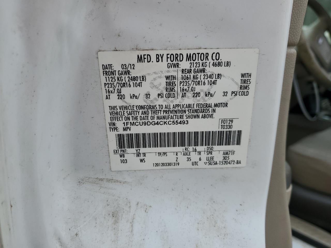 2012 Ford Escape VIN 1FMCU9DG4CKC55493 Copart auction photo, front end damage thumbnail 16