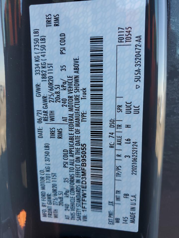 2021 Ford F-150 VIN 1FTFW1ED3MFB95055 Copart auction photo, rear end / side damage thumbnail 14