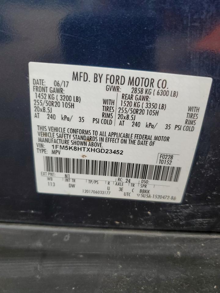 2017 Ford Explorer VIN 1FM5K8HTXHGD23452 Copart auction photo, front end damage thumbnail 13