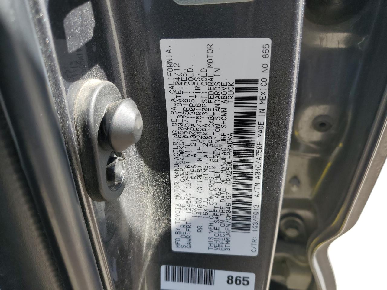 2012 Toyota Tacoma VIN 3TMMU4FN7CM046197 Copart auction photo, side damage thumbnail 12