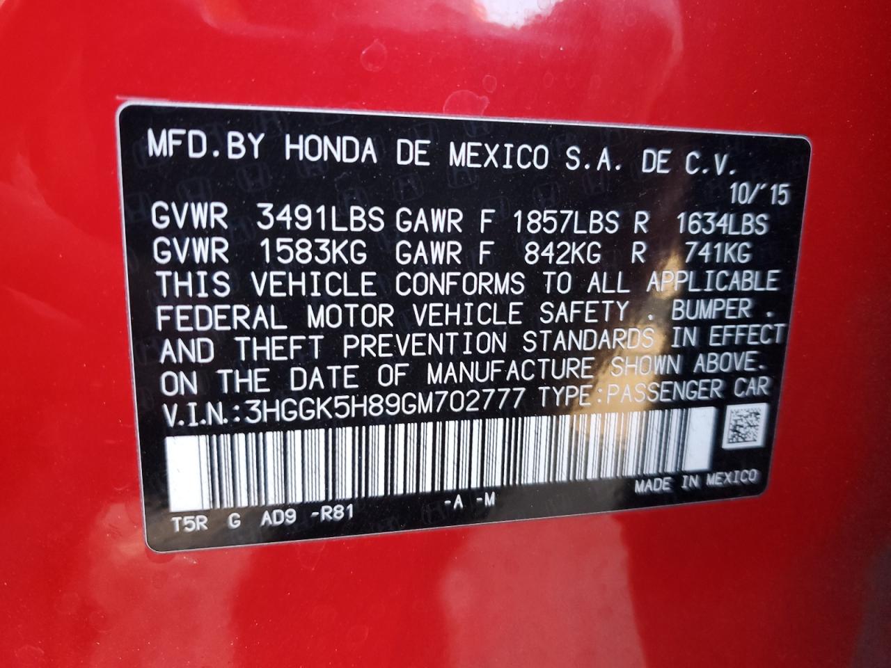 2016 Honda Fit VIN 3HGGK5H89GM702777 Copart auction photo, rear end damage thumbnail 15