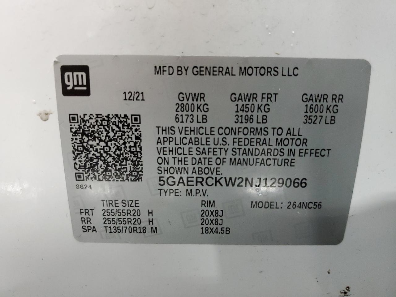 2022 Buick Enclave VIN 5GAERCKW2NJ129066 Copart auction photo, front end / minor dent/scratches damage thumbnail 14