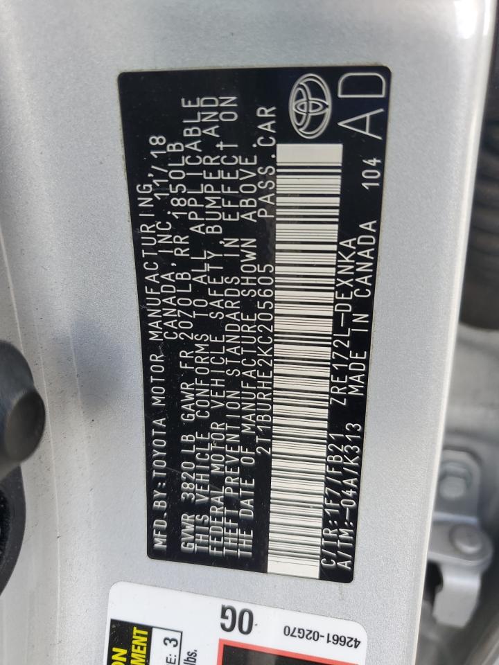 2019 Toyota Corolla VIN 2T1BURHE2KC205605 Copart auction photo, front end damage thumbnail 14