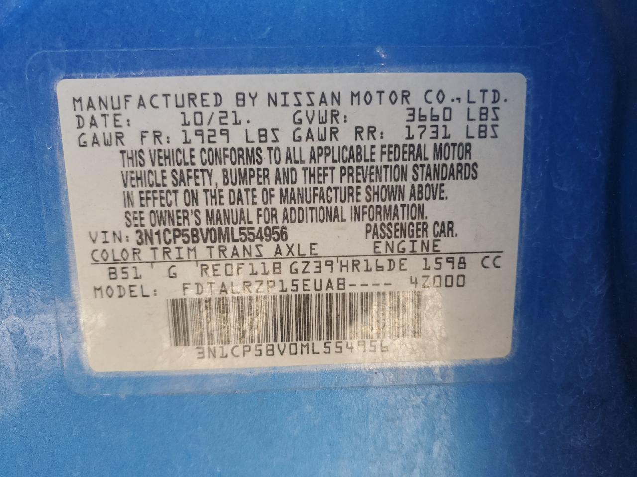 2021 Nissan Kicks VIN 3N1CP5BV0ML554956 Copart auction photo, rear end / undercarriage damage thumbnail 14