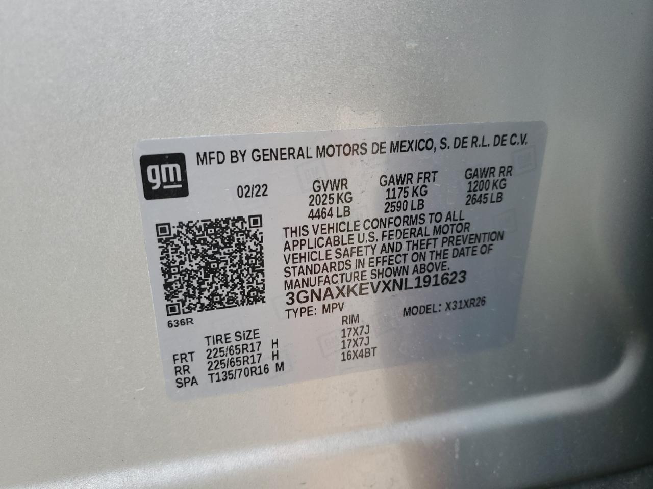 2022 Chevrolet Equinox VIN 3GNAXKEVXNL191623 Copart auction photo, front end damage thumbnail 13