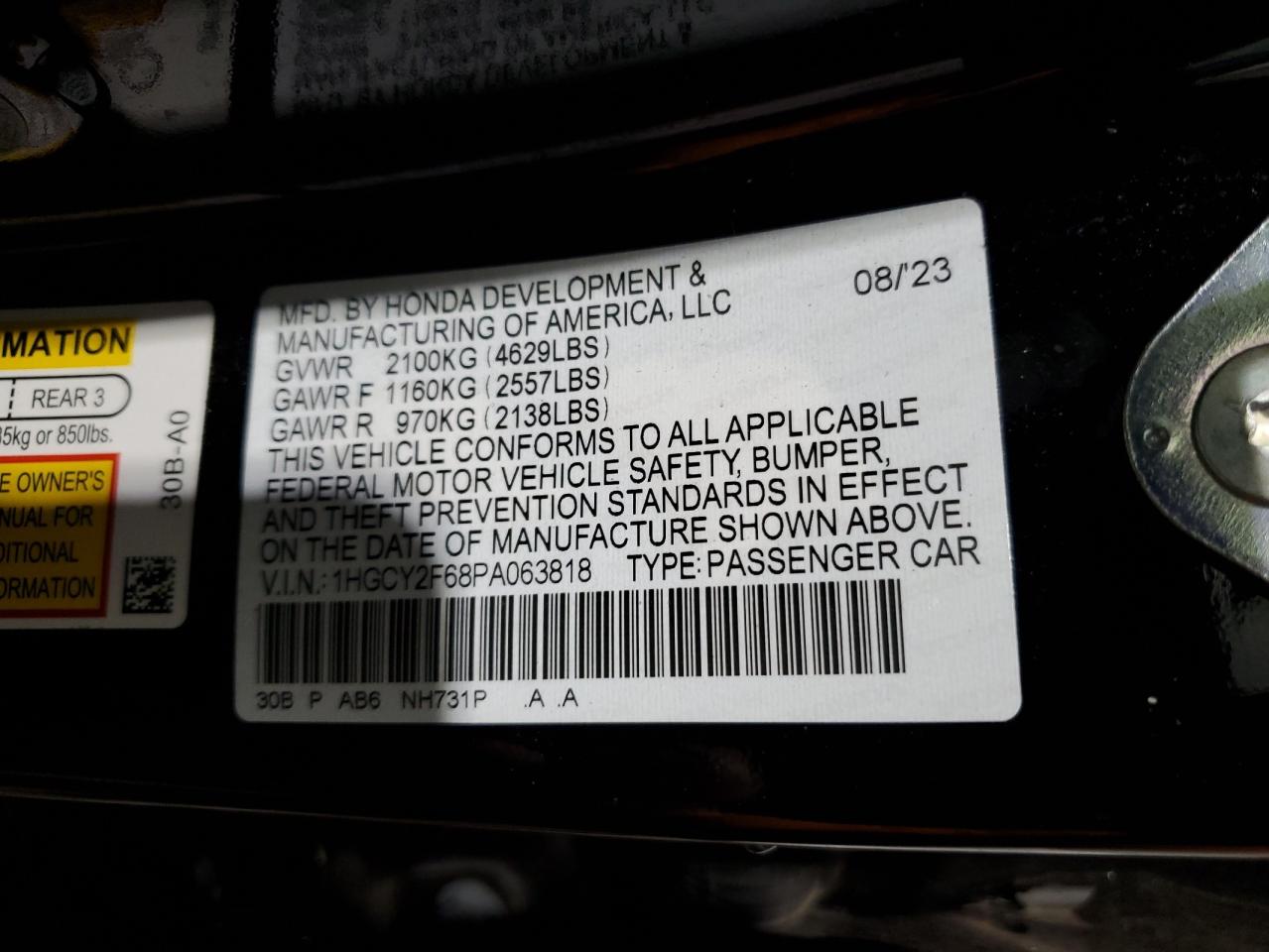 2023 Honda Accord VIN 1HGCY2F68PA063818 Copart auction photo, front end / side damage thumbnail 13