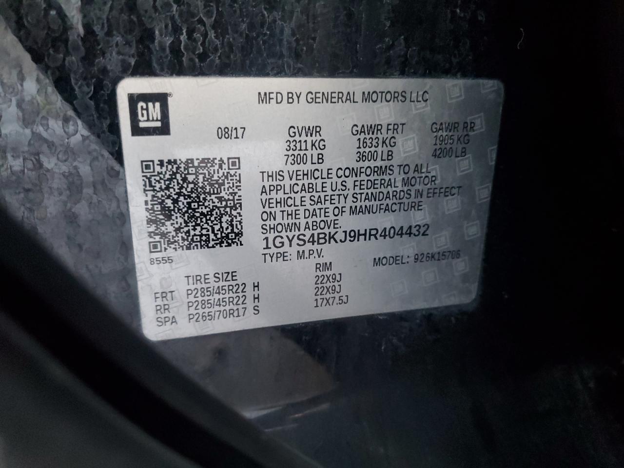 2017 Cadillac Escalade VIN 1GYS4BKJ9HR404432 Copart auction photo, rear end damage thumbnail 14