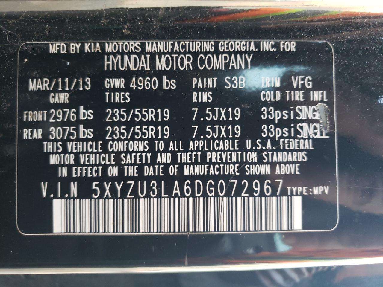 2013 Hyundai Santa Fe VIN 5XYZU3LA6DG072967 Copart auction photo, rear end damage thumbnail 13