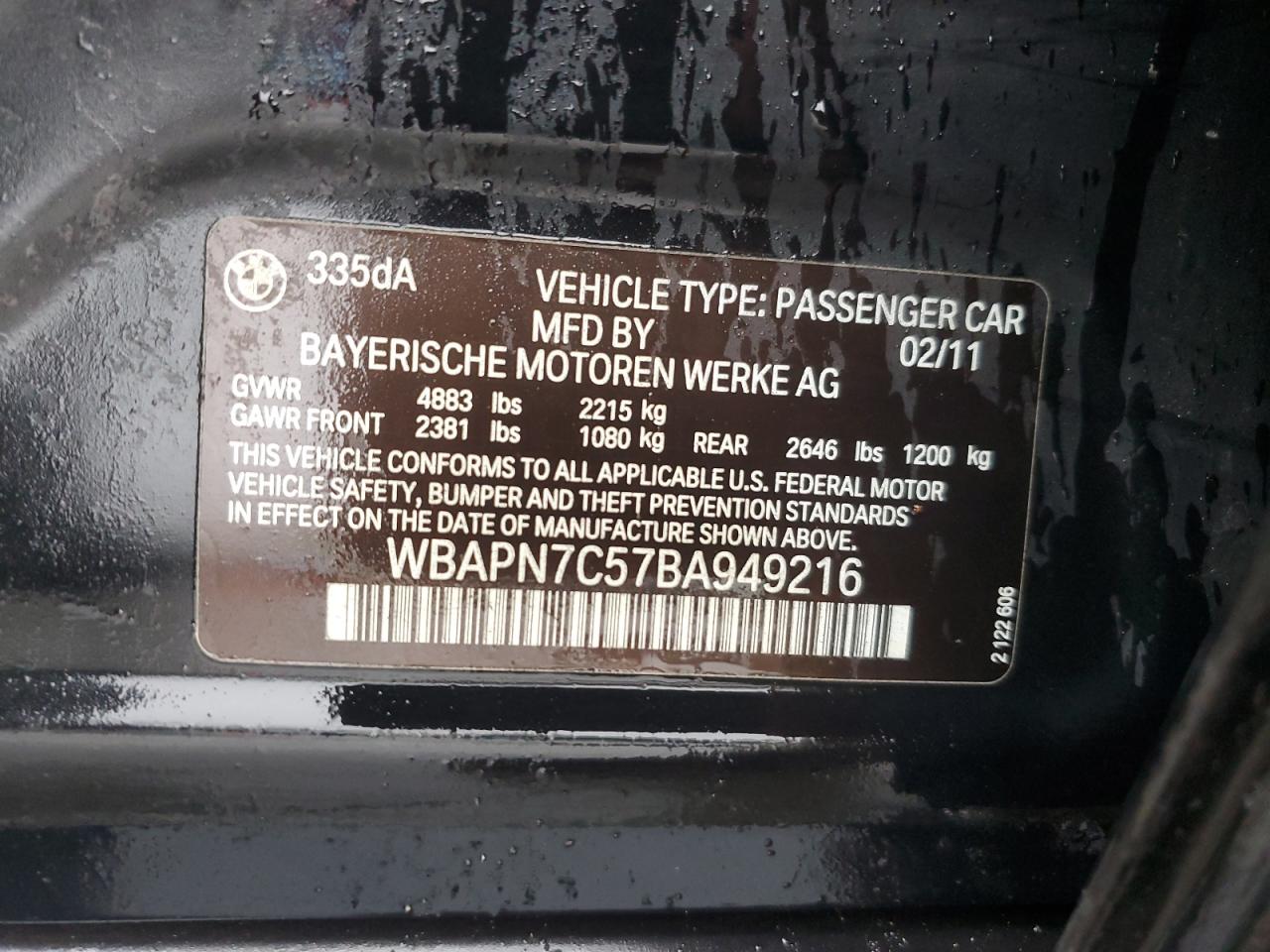 2011 BMW 3er VIN WBAPN7C57BA949216 Copart auction photo, front end damage thumbnail 13
