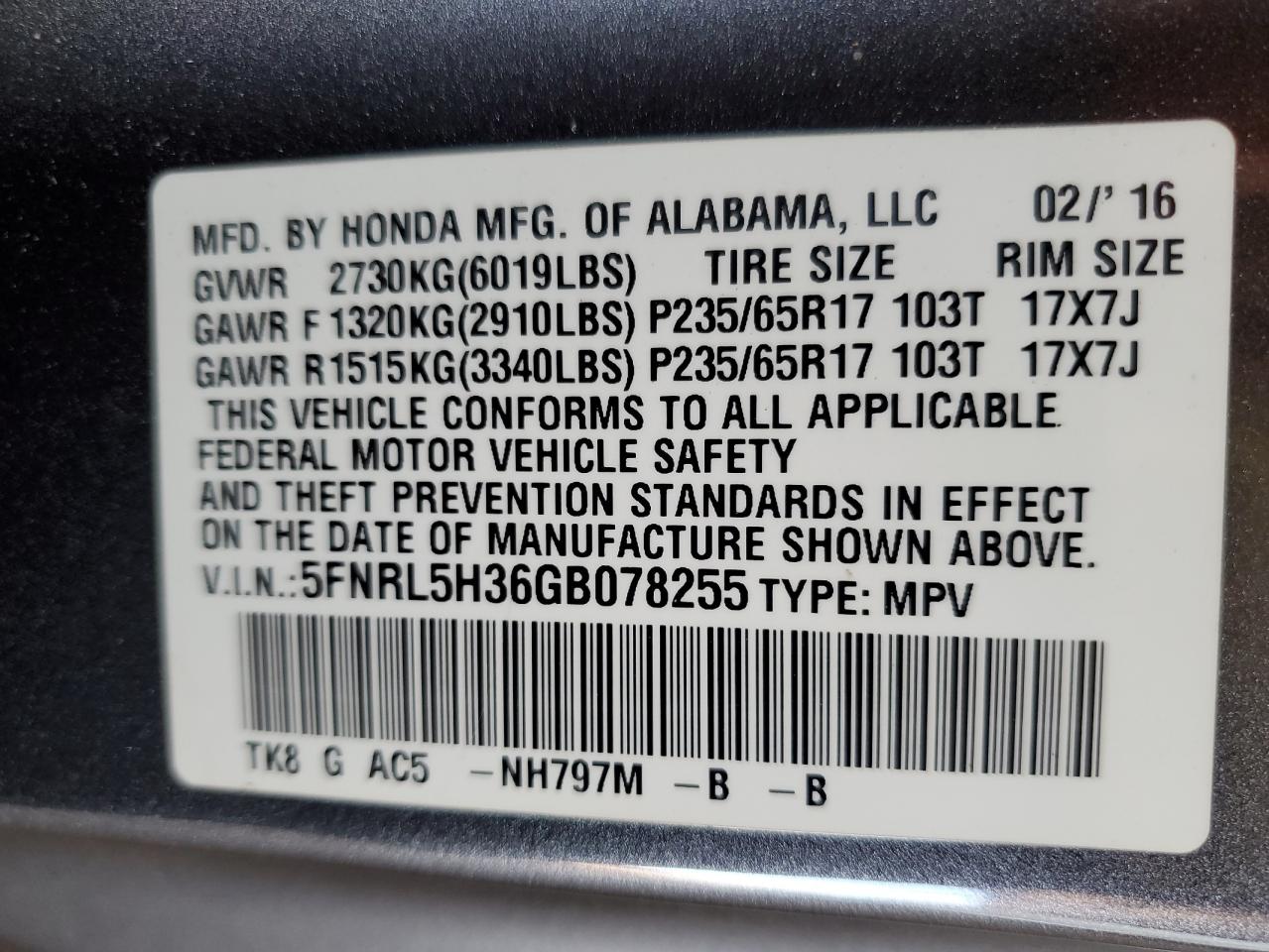 2016 Honda Odyssey VIN 5FNRL5H36GB078255 Copart auction photo, side damage thumbnail 13