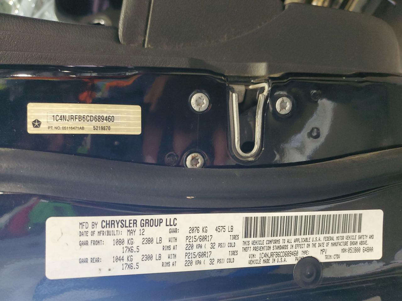 2012 Jeep Liberty (Patriot) VIN 1C4NJRFB6CD689460 Copart auction photo, rollover / mechanical damage thumbnail 15