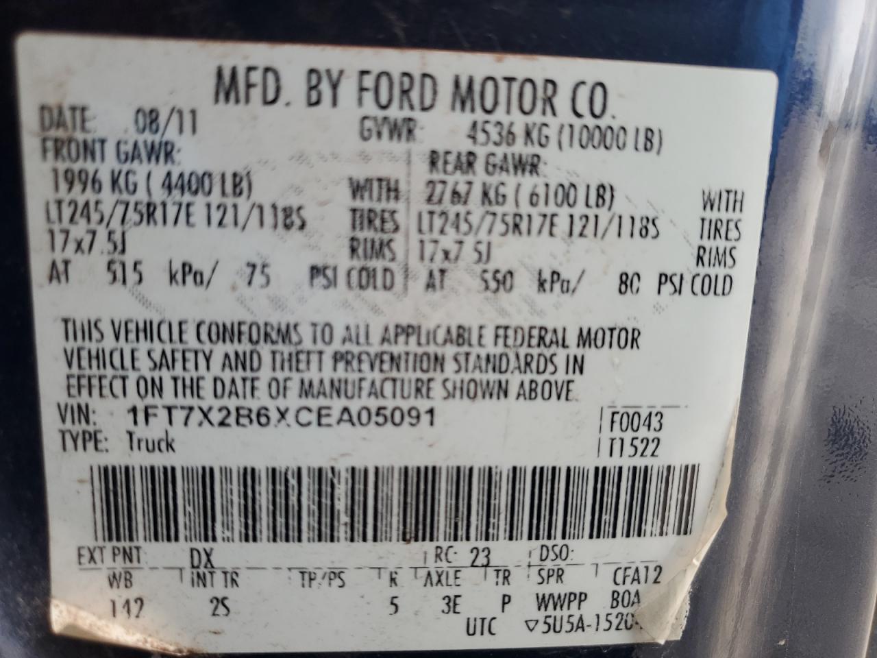 2012 Ford F250 VIN 1FT7X2B6XCEA05091 Copart auction photo, burn / minor dent/scratches damage thumbnail 12