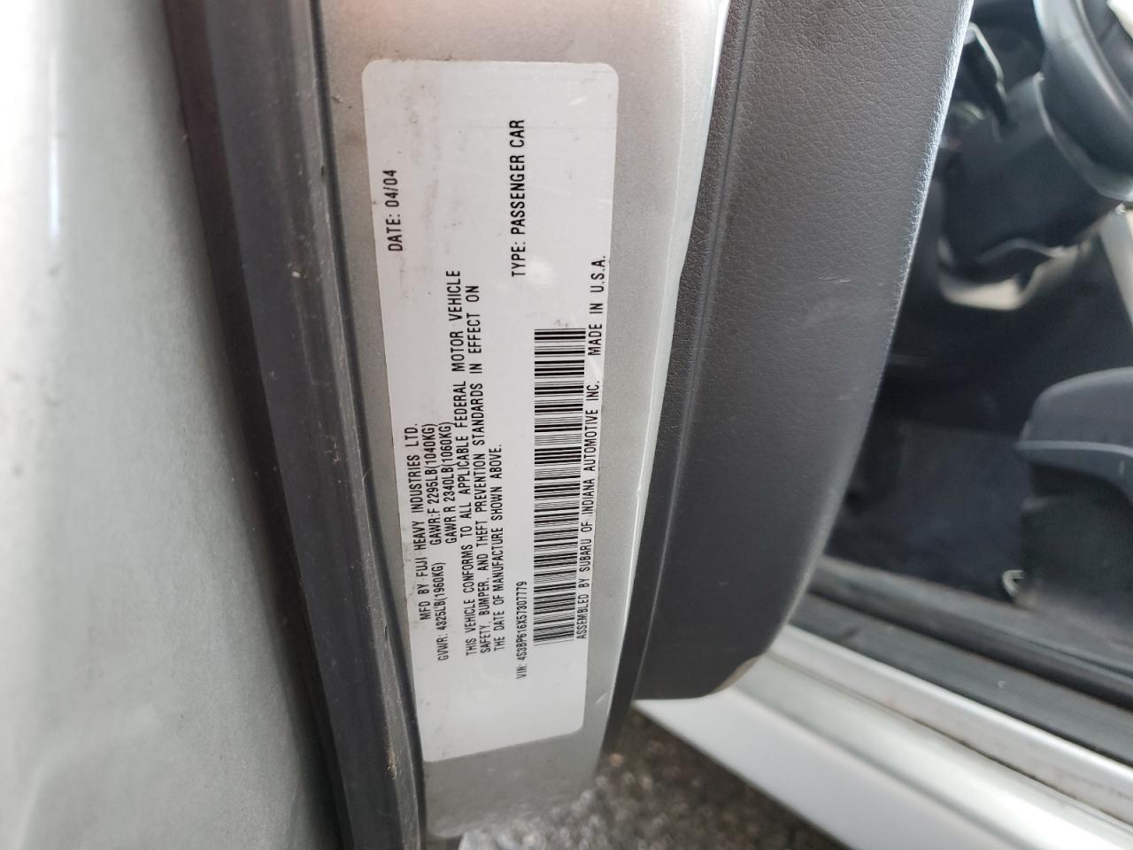 2005 Subaru Legacy VIN 4S3BP616X57307779 Copart auction photo, all over damage thumbnail 12