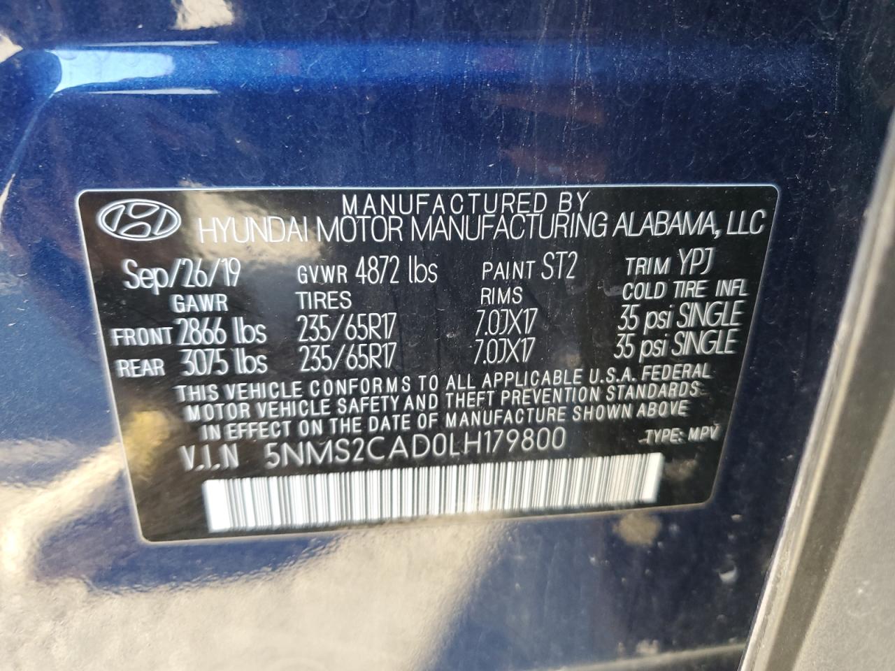 2020 Hyundai Santa Fe VIN 5NMS2CAD0LH179800 Copart auction photo, front end / rear end damage thumbnail 13