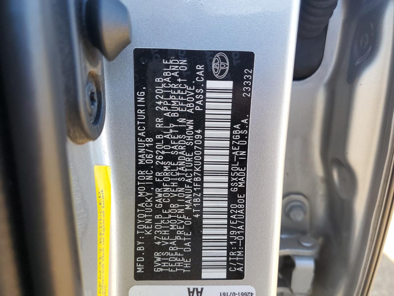 2019 Toyota Avalon VIN 4T1BZ1FB7KU007094 Copart auction photo, rear end / all over damage thumbnail 12