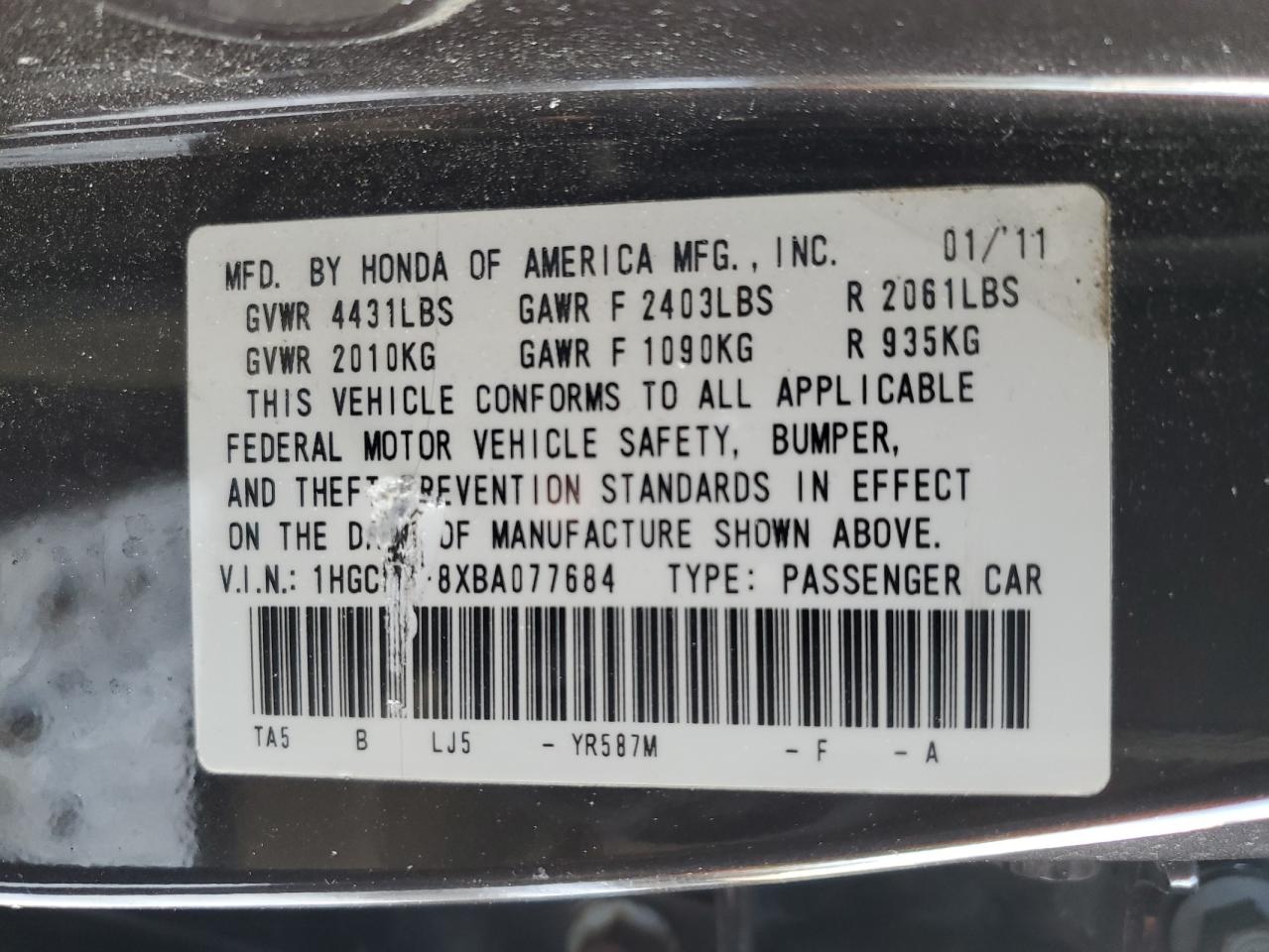 2011 Honda Accord VIN 1HGCP2F8XBA077684 Copart auction photo, side / front end damage thumbnail 13