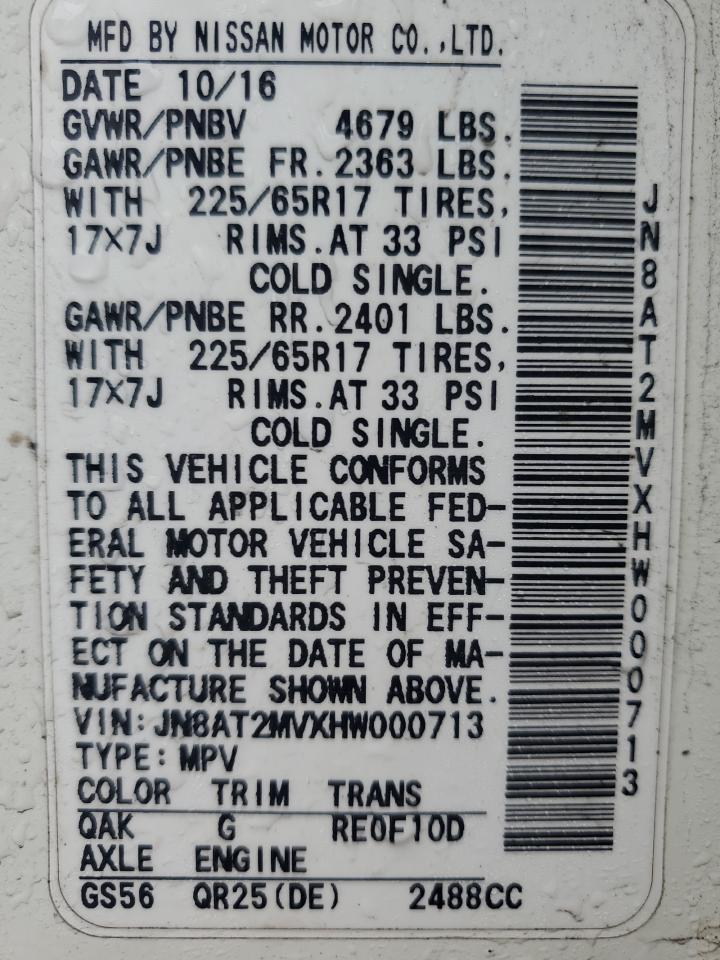 2017 Nissan Rogue VIN JN8AT2MVXHW000713 Copart auction photo, front end damage thumbnail 12