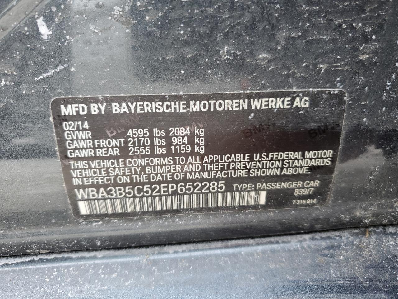 2014 BMW 3er VIN WBA3B5C52EP652285 Copart auction photo, front end damage thumbnail 13